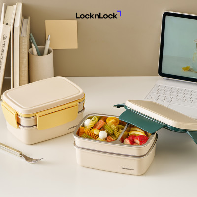 Hộp Cơm Inox 2 Tầng LocknLock LCB500 1.6L, Hàng Chính Hãng, Chia Ngăn, Thép Không Gỉ