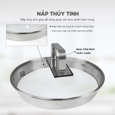 Nồi inox 304 vung kính đáy 3 lớp Lebenlang LBL2529, size 20 có khe chắt nước, dùng cho mọi loại bếp - hàng chính hãng