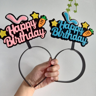 Băng đô cài tóc sinh nhật chữ Happy Birthday vải nỉ có đèn (màu xanh/hồng)