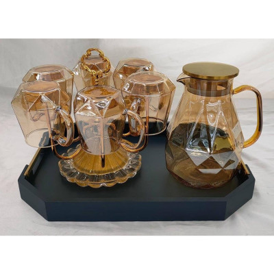 COMBO BỘ BÌNH CỐC THỦY TINH CHỊU NHIỆT VÂN KIM CƯƠNG KÈM ÚP CỐC INOX VÀ KHAY GỖ ( KHAY XANH GIAO NGẪU NHIÊN )