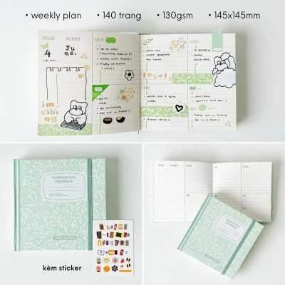 Sổ Weekly Plan Khổ Vuông 144 Trang 130gsm + Kèm Sticker Composition Collection - Crabit Notebuck 1595 - Xanh Mint