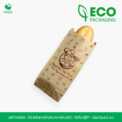MFT1N3NN - 24x9.5x4.5 cm - 1000 Túi bánh mì Nâu, in sẵn họa tiết ĐẦU BẾP - Bao bánh mì Túi giấy thực phẩm an toàn