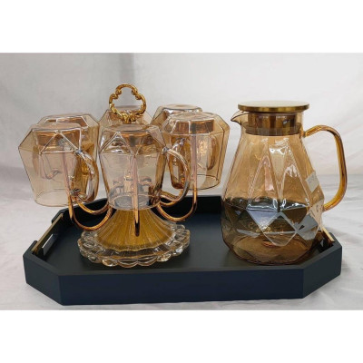 COMBO BỘ BÌNH CỐC THỦY TINH CHỊU NHIỆT VÂN KIM CƯƠNG KÈM ÚP CỐC INOX VÀ KHAY GỖ ( KHAY XANH GIAO NGẪU NHIÊN )