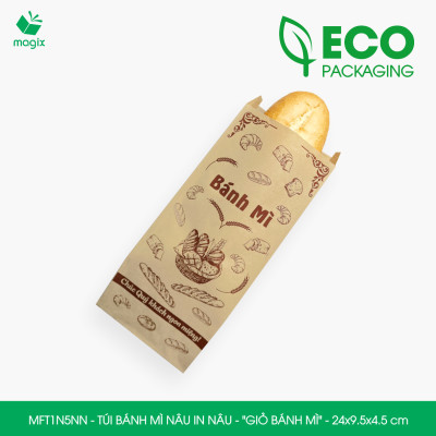 MFT1N5NN - 24x10x4 cm - 1000 Túi bánh mì Nâu, in sẵn họa tiết GIỎ BÁNH MÌ - Bao bánh mì Túi giấy thực phẩm an toàn