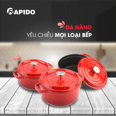 Nồi gang đúc tráng men Rapido cao cấp size 24cm phù hợp mọi loại bếp gia đình - Hàng chính hãng