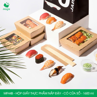 MFH4B - 1600ml - 50 hộp giấy kraft đựng thực phẩm, hộp giấy đựng thức ăn có cửa sổ, hộp đựng cơm