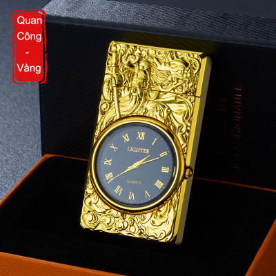 Vỏ Hột Quẹt Bật Lửa Gas HF602 Hình Quan Công Kiêm Đồng Hồ La Mã Cực Đẹp - Nhiều Màu