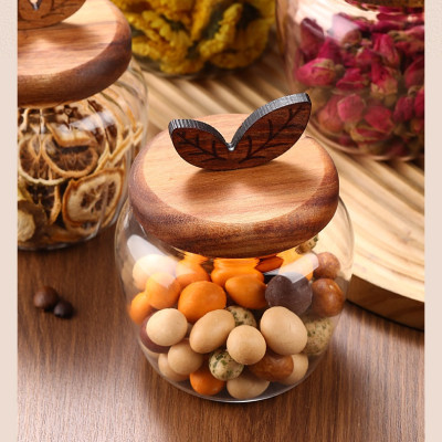 Lọ thủy tinh tròn nắp gỗ ron kín dung tích 700ml decor bếp