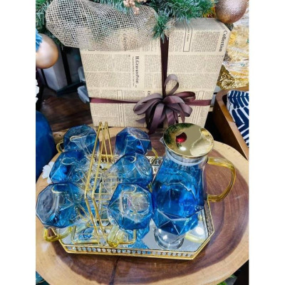 Bộ 6 cốc uống nước thủy tinh màu xanh biển vân kim cương quai vàng