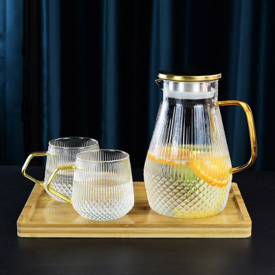 Bình Nước Thủy Tinh Trong Suốt Hình Dạng Kim Cương 1500ml Nắp INOX, Ly 270ml