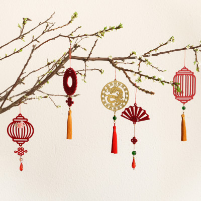 Bộ 12 dây phụ kiện handmade treo Tết trang trí cây mai đào, mix màu vàng đỏ MIX12