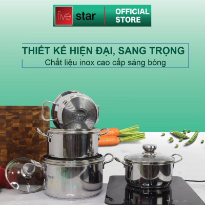 Bộ nồi chảo 3 đáy inox 403 Fivestar 5 món nắp kính tặng 5 muỗng ăn( N16cm x N18cm xN20cm x N24cm x chảo 24cm)