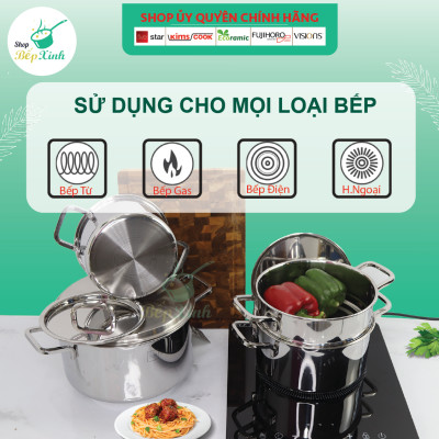 Bộ nồi xửng hấp inox 304 cao cấp Fivestar Plus 3 lớp đúc liền 4 chiếc nắp inox