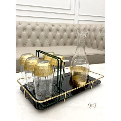 Bộ bình cốc thủy tinh mạ vàng phong cách Scandinavia | Bộ bình cốc thủy tinh chịu nhiệt borosilicate vân tổ ong