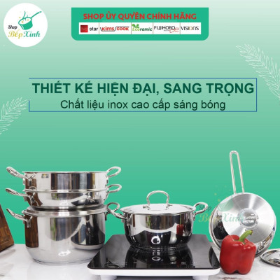 Bộ nồi inox FIVESTAR 5 chiếc 3 đáy bếp từ nắp inox ( 1 quánh 18cm x 1 N20cm , 1bộ nồi xửng 24cm, 1 chảo caro 24cm )