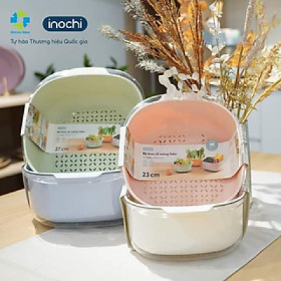 Bộ thau rổ nhựa vuông inochi Yoko chính hãng, rổ to kèm thau trong suốt đựng rửa rau tiện lợi, an toàn, kháng khuẩn - Tặng kèm hình dán sticker 