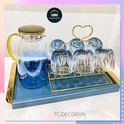 Set 6 Cốc Thuỷ Tinh Lửa Ánh Xanh Có Bình + Khay Bán Kèm Sang Trọng Tinh Tế 