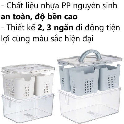 Bộ Hộp Rổ Trong HOKORI Nhựa Cao Cấp - 2 Ngăn Tách Nước - Thực Phẩm Tủ Lạnh - Hàng chính hãng 