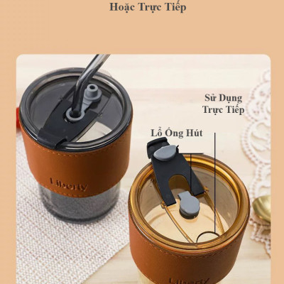Ly thủy tinh kèm ống hút 400ml chống tràn giữ nhiệt