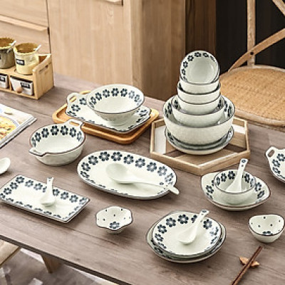 Bán lẻ bộ bát đĩa chén đia Gosu họa tiết hoa xanh men sáng đẹp