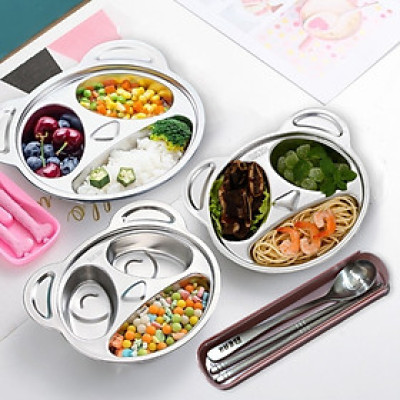 khay cơm,khay ăn dặm hình gấu Bear cho các bé inox 304 cao cấp 100% ( tặng hộp thìa đũa bear)