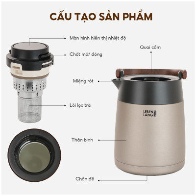 Bình Trà Giữ Nhiệt Lebenlang LBL3035, Dung Tích 1.5L - Có Cối Lọc, Mà hình hiển thị nhiệt độ, Giữ nhiệt 8h