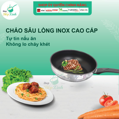Chảo inox chống dính sâu lòng có nắp kính cao cấp Fivestar 24cm , 26cm , tặng 1 sạn dừa , tay cầm cách nhiệt