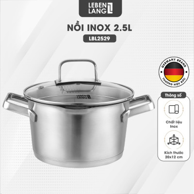Nồi inox 304 vung kính đáy 3 lớp Lebenlang LBL2529, size 20 có khe chắt nước, dùng cho mọi loại bếp - hàng chính hãng