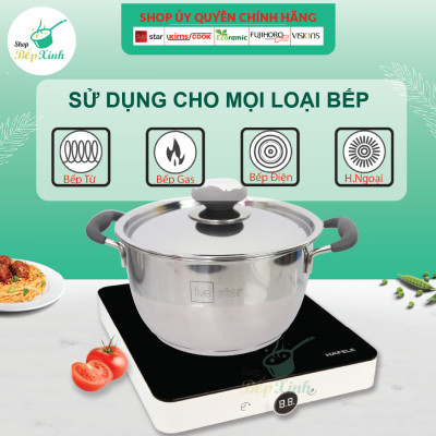 Nồi 3 đáy inox 430 Fivestar Standard quai silicon chống nóng nắp inox-sử dụng bếp từ-tặng 2 vá canh 24cm