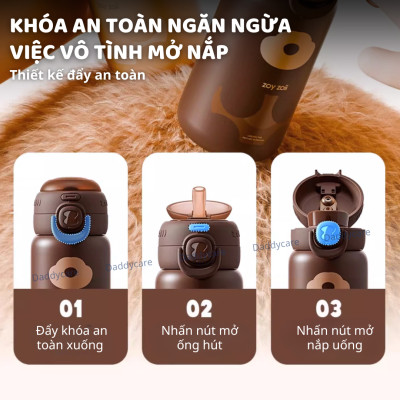 Bình nước cho bé đi học giữ nhiệt có ống hút ZoyZoii kèm túi gấu bông Animal Series Thermos Cup E20