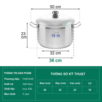Nồi Inox 430 Bếp Từ 3 Đáy 36 cm Nắp Inox Fivestar -Tặng 5 Muỗng Ăn Inox Cao Cấp