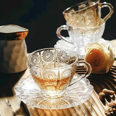 Set Tách Trà Thủy Tinh 210ml Sang Trọng Kèm Đĩa - Tách Trà Uống Trà, Cà Phê  Hoa Mặt Trời Sang Trọng Tiện Lợi Đẳng Cấp - HÀNG CHÍNH HÃNG MINIIN