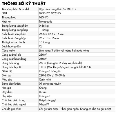 Hộp Hâm Cơm, Thức Ăn 2 tầng Mishio MK317 inox 304 - Hàng chính hãng