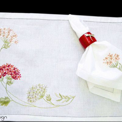 Bộ lót đĩa và khăn ăn linen thêu hoa cẩm tú cầu