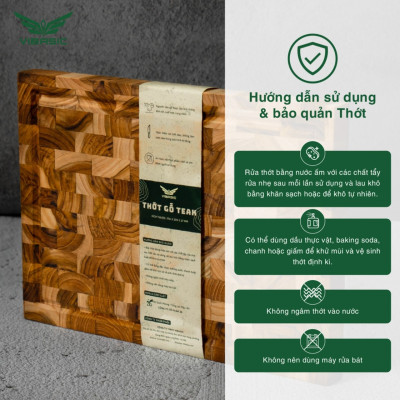 Thớt gỗ Teak Vibasic A80 phiên bản YÊU NƯỚC, ghép dựng block kích thước 350x250x27mm có lỗ treo, khắc logo 80 năm 2/9