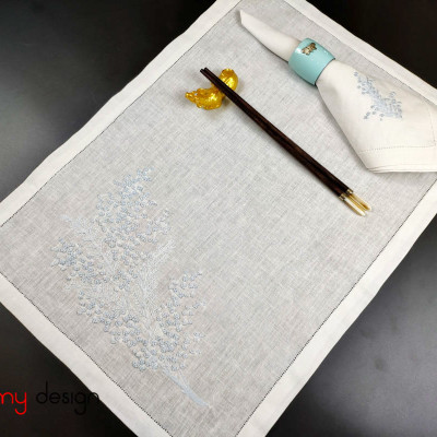 Bộ lót đĩa và khăn ăn linen thêu hoa mimosa
