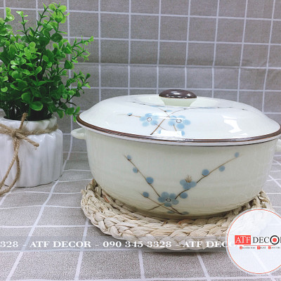 Bộ bát đĩa men kem Bát Tràng cao cấp vẽ đào xanh