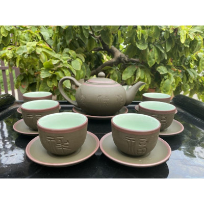 Ấm Chén Trà Tử Sa Khắc Chữ Phúc Lộc Thọ Bát Tràng Tống Xanh Chỉ Đỏ lòng xanh