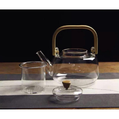 Bộ ấm chén thủy tinh tay gỗ cao pha trà 900ml kèm khay gỗ ( KHay giao ngẫu nhiên )