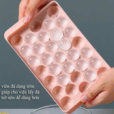 Khay Làm Đá Viên Tròn, Khay Đá Tròn Có Nắp Đậy Thông Minh, Khuôn Rau Câu Làm Thạch 33 Ô