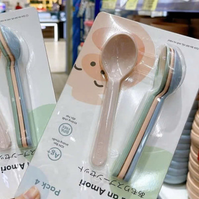 Bộ 04 thìa ăn Inochi Amori, thìa nhựa PP nguyên sinh, không BPA an toàn cho sức khỏe - Hàng chính hãng inochi ( Tặng kèm khăn lau tay pakasa)