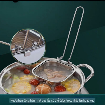 CHAO VỚT VỢT RÂY LỌC LỖ THOÁT MỊN CÔNG NGHỆ CNC CHUYÊN DỤNG LẨU - INOX 304 - CHAO LỌC TAY CẦM GẬP LẠI, ĐƯỢC 4 VỊ TRÍ / CẠNH TREO TIỆN LỢI