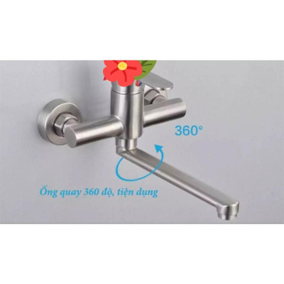 Vòi Rửa Chén Bát Nóng Lạnh Inox 304 âm tường quay 360 độ dùng cho 2 hộc