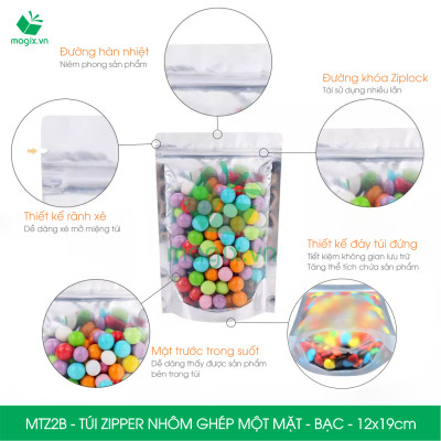 MTZ2B - 12x19cm - Combo 50 Túi Zipper Bạc đáy đứng, một mặt trong