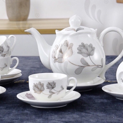 BỘ ẤM CHÉN KÈM 7 ĐĨA SỨ CAMELIA PHA TRÀ HỌ TIẾT HOA BẠC SANG TRỌNG ( GIAO NGẪU NHIÊN ) - ANTH248