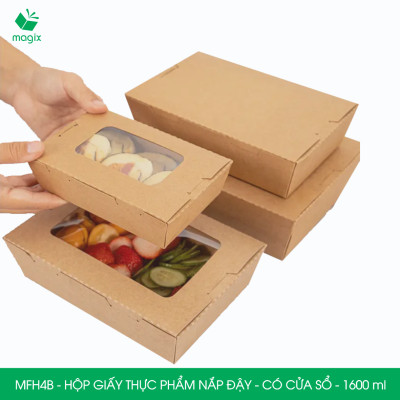 MFH4B - 1600ml - 100 hộp giấy kraft đựng thực phẩm, hộp giấy đựng thức ăn có cửa sổ, hộp đựng cơm