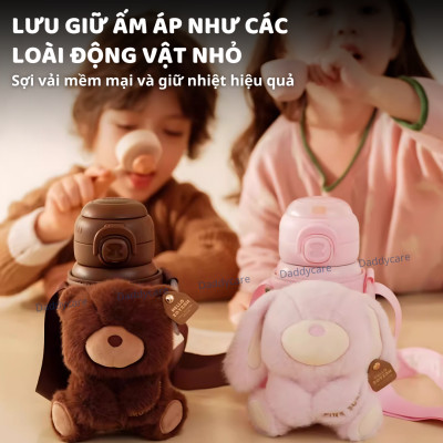 Bình nước cho bé đi học giữ nhiệt có ống hút ZoyZoii kèm túi gấu bông Animal Series Thermos Cup E20