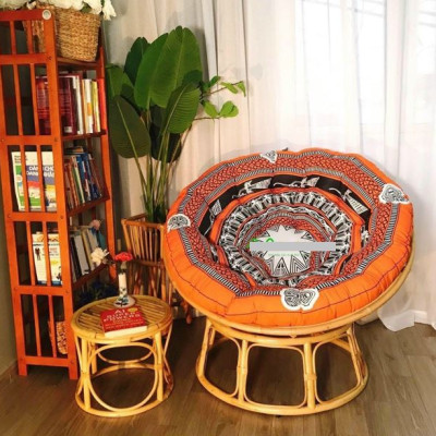Ghế mặt trăng Papasan mây thật cao cấp Juno Sofa size 1m, Nệm hoa văn Indochine