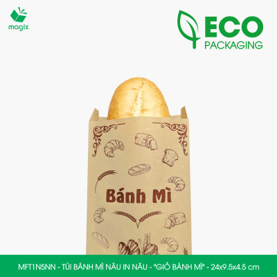 MFT1N5NN - 24x10x4 cm - 1000 Túi bánh mì Nâu, in sẵn họa tiết GIỎ BÁNH MÌ - Bao bánh mì Túi giấy thực phẩm an toàn