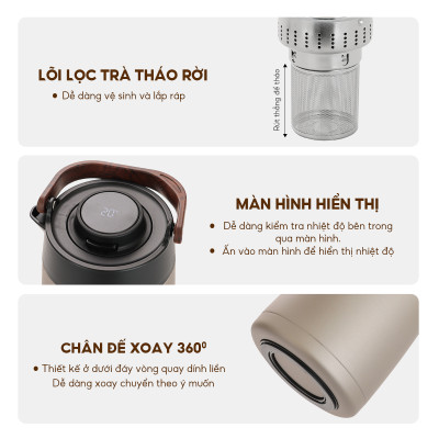 Bình Trà Giữ Nhiệt Lebenlang LBL3035, Dung Tích 1.5L - Có Cối Lọc, Mà hình hiển thị nhiệt độ, Giữ nhiệt 8h